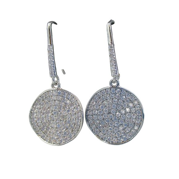 WHBM Pave Crystal Silvertone Drop Disk Earrings Handcrafted NWT - Picture 2 of 5